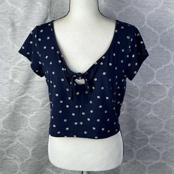 Cape Juby Daisy Print Crop Top XL – Tie Front, Navy Blue - Picture 1 of 7